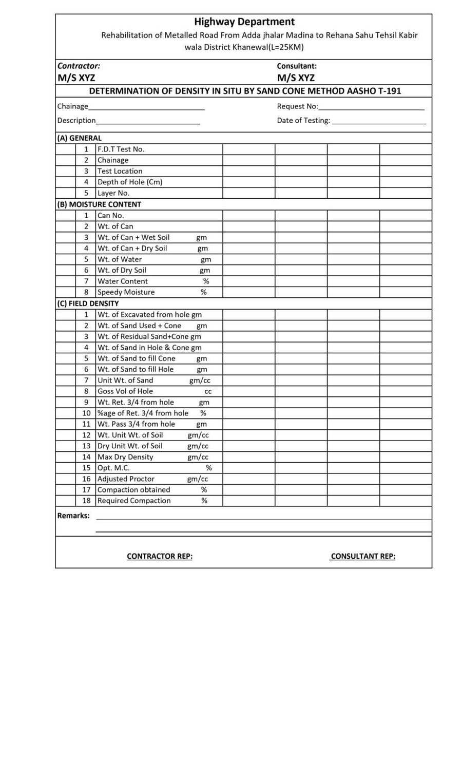 Field Density Test Report Format | AASHO T-191-93 | ASTM D1596