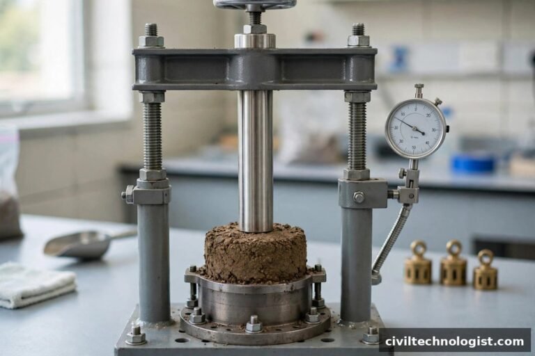 California Bearing Ratio test apparatus with penetration plunger on compacted soil specimen and dial gauge in a geotechnical laboratory