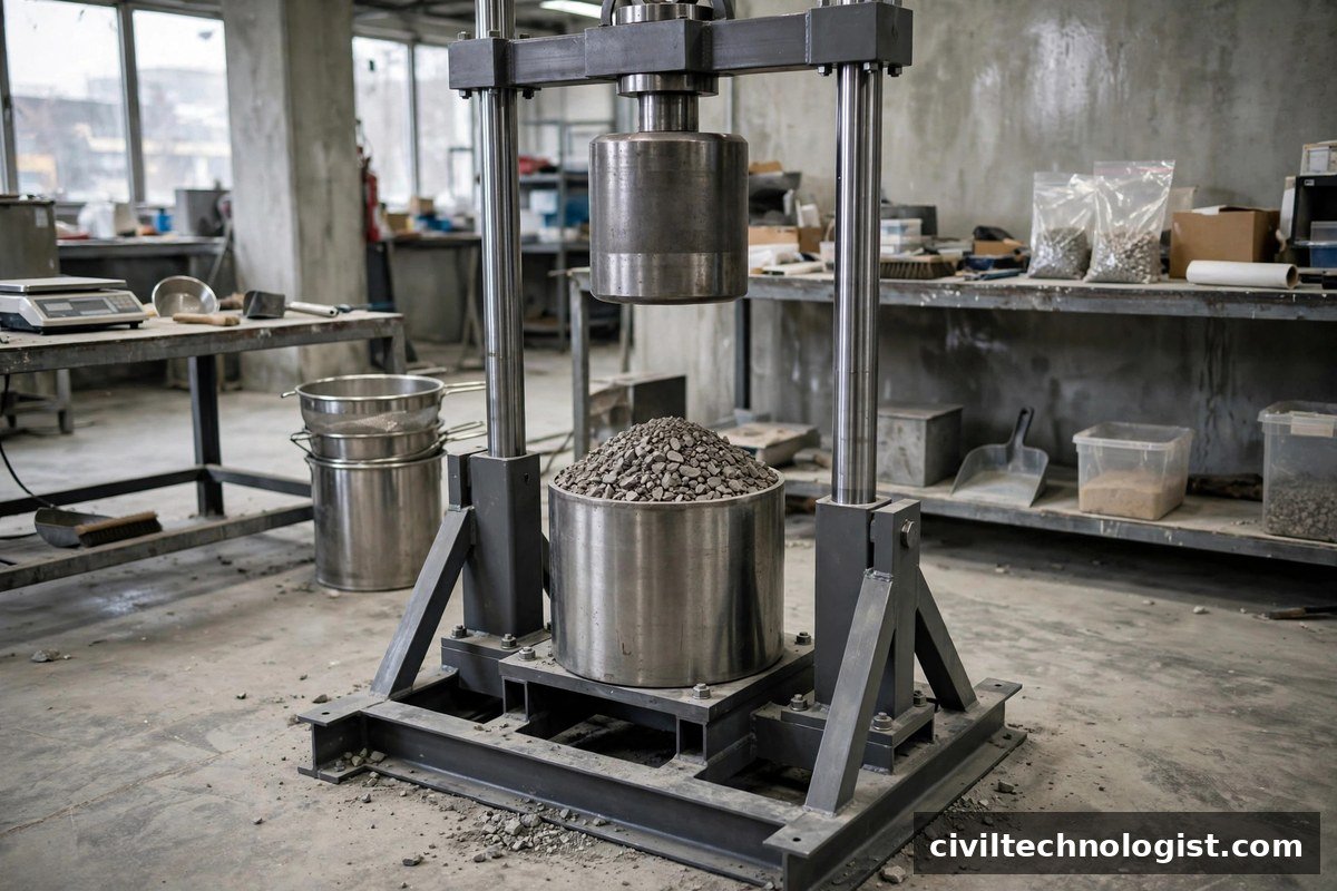 Aggregate impact value testing machine with hammer and cylindrical measure