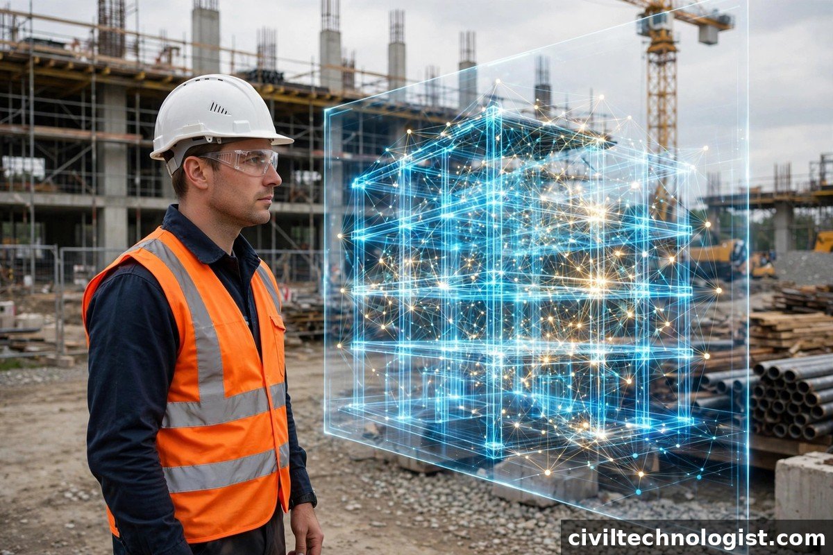 Civil engineer viewing an AI-generated holographic structural model on a construction site