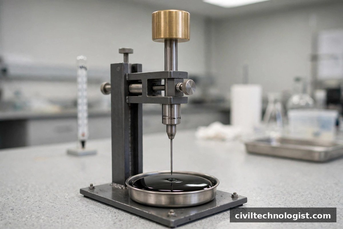 Penetrometer needle assembly positioned over a bitumen sample in the laboratory
