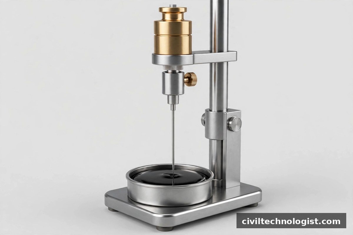 3D illustration of a bitumen penetrometer apparatus with needle and sample container