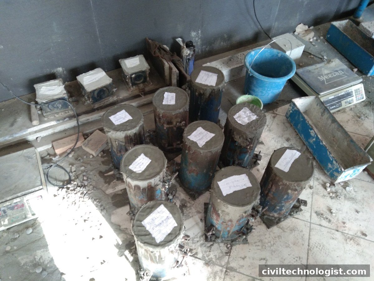 Labelled fresh concrete cylinders curing in a laboratory
