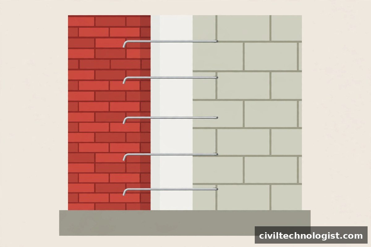 Cross-section diagram of a cavity wall showing two masonry leaves, air gap and wall ties