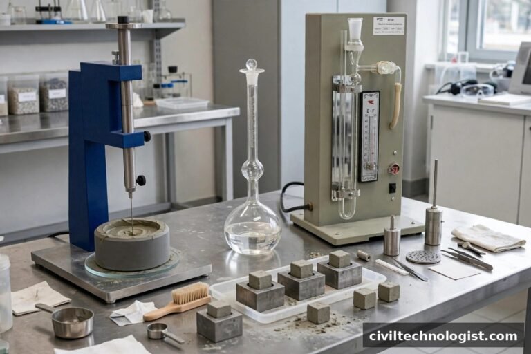 Cement testing laboratory apparatus — Vicat, Le Chatelier flask and mortar cubes