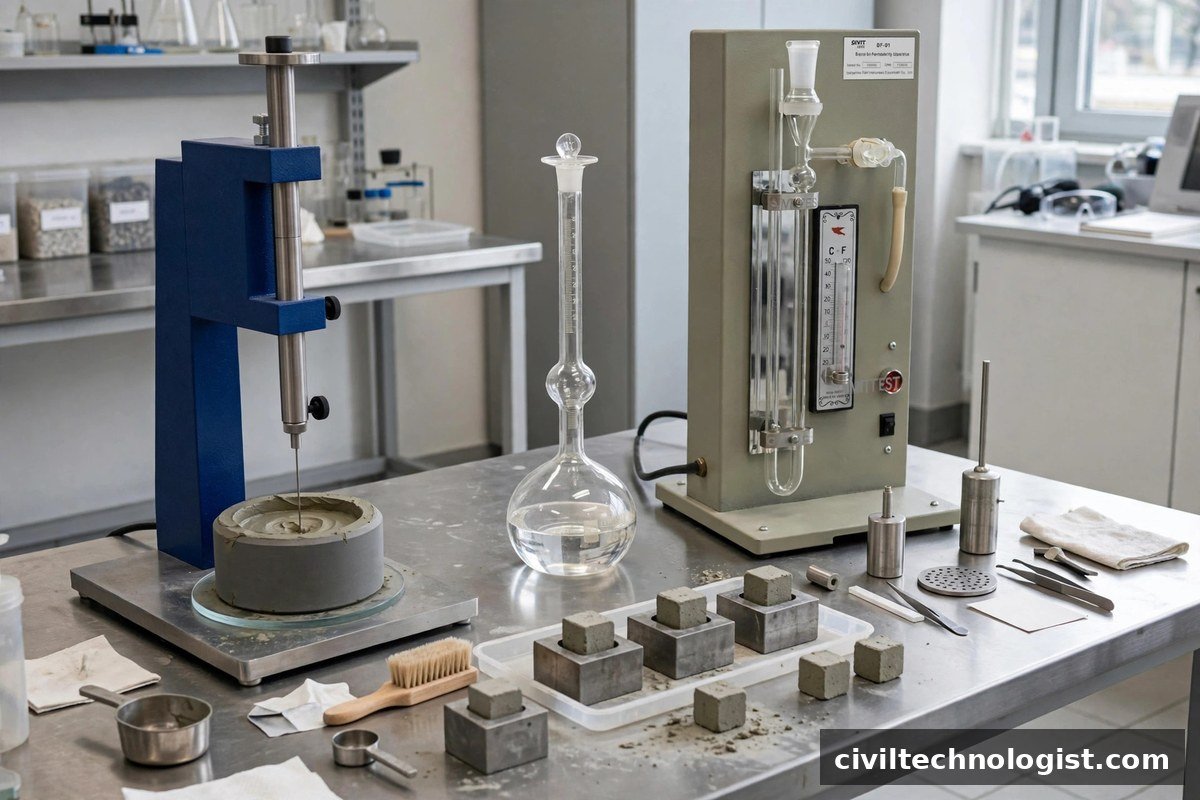 Cement testing laboratory apparatus — Vicat, Le Chatelier flask and mortar cubes