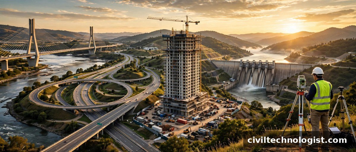 Branches of civil engineering — bridge, highway, high-rise, dam and surveying