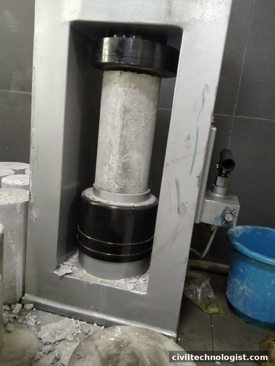 Crushed concrete cylinder after compressive strength test