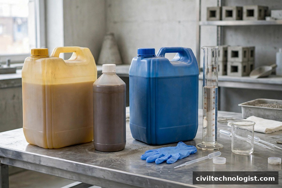 Concrete admixture containers with measuring cylinder for dosage