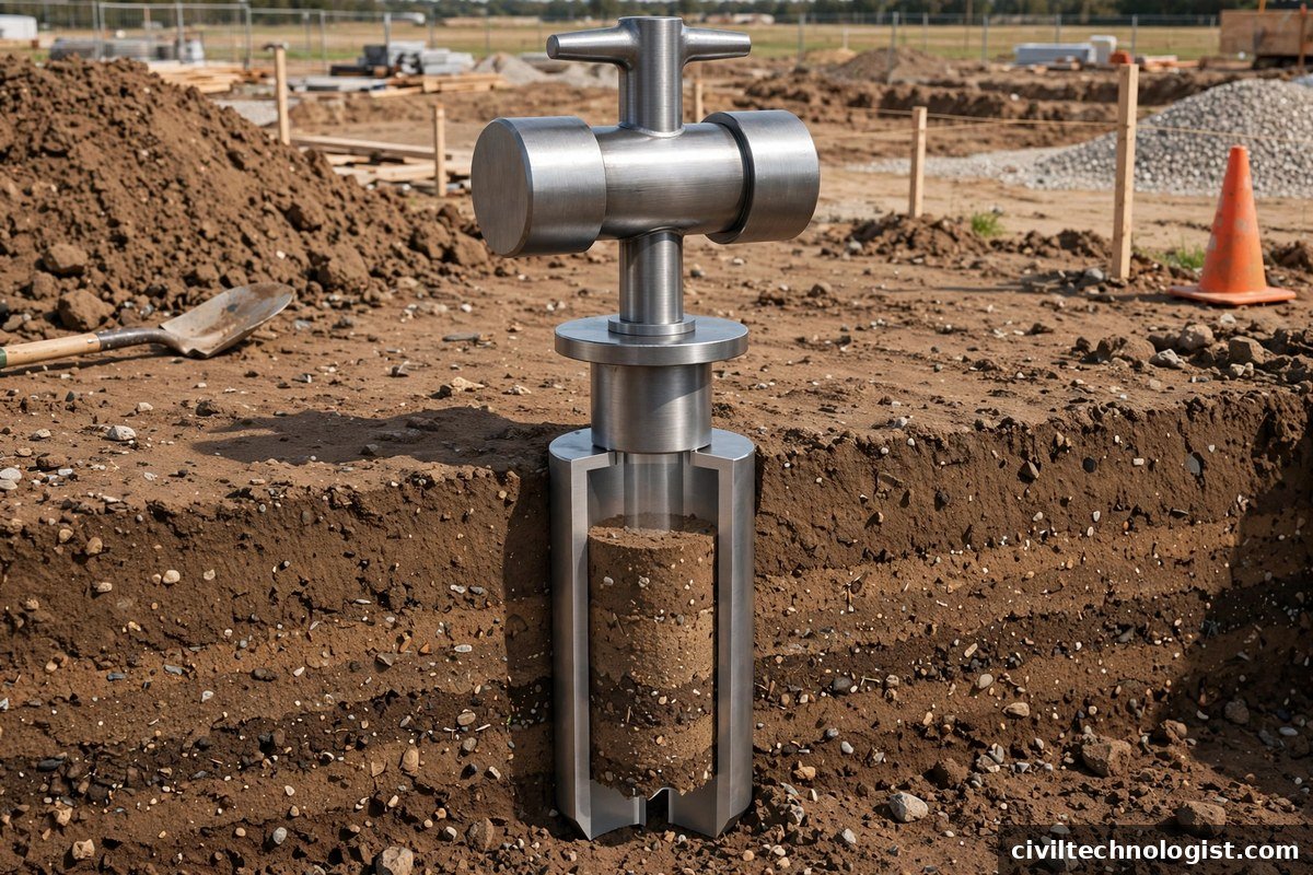 3D illustration of a core cutter being driven into soil with the soil core forming inside