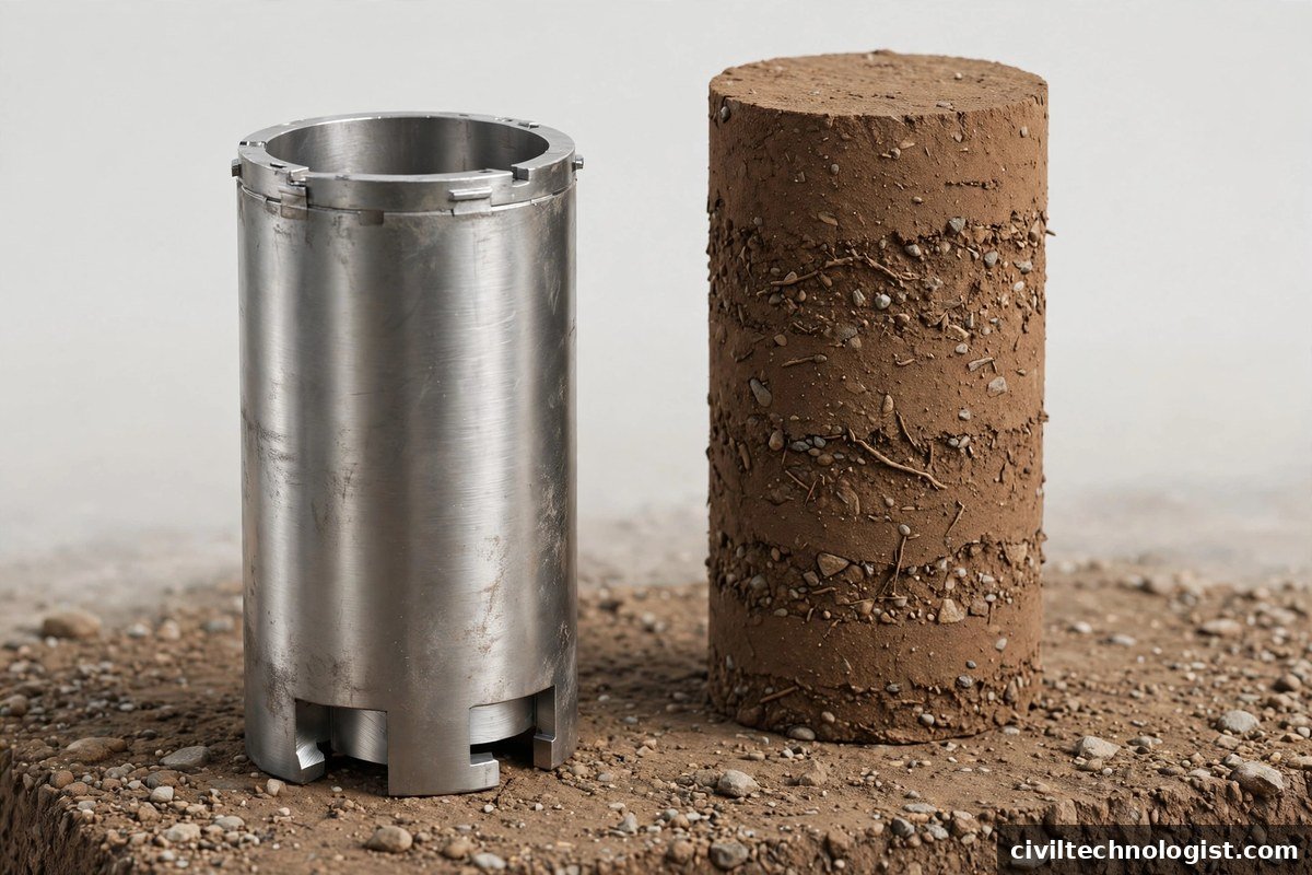 3D illustration of an extracted cylindrical soil core next to an empty core cutter