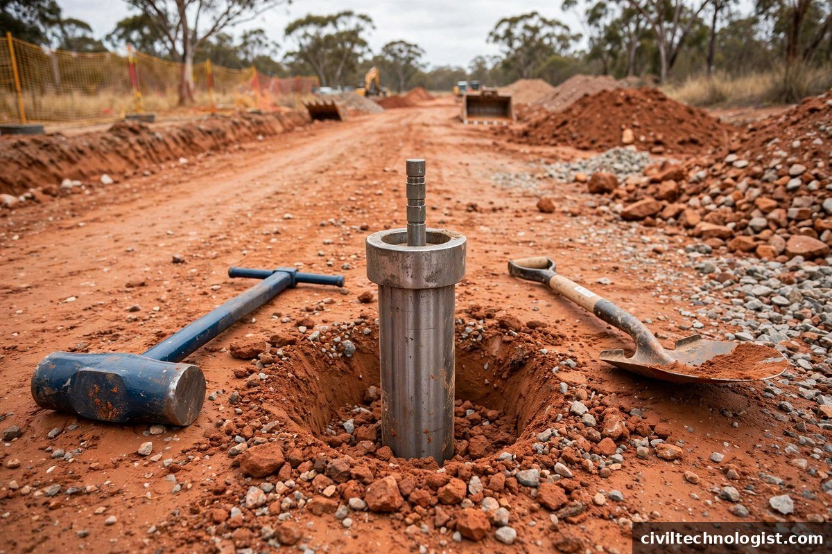 Australian type cylindrical core cutter with dolly driven into red soil on a road site