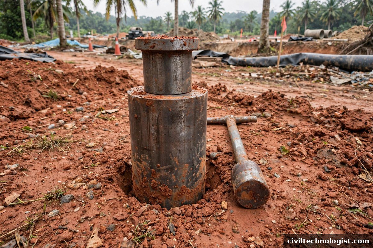 Cylindrical core cutter with dolly on a Malaysian road construction site