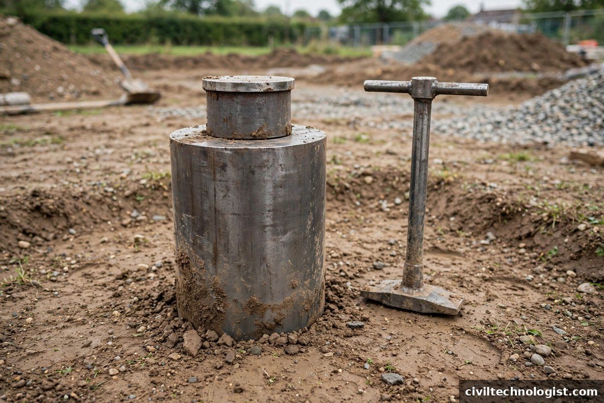 UK type cylindrical core cutter with dolly and rammer on a construction site