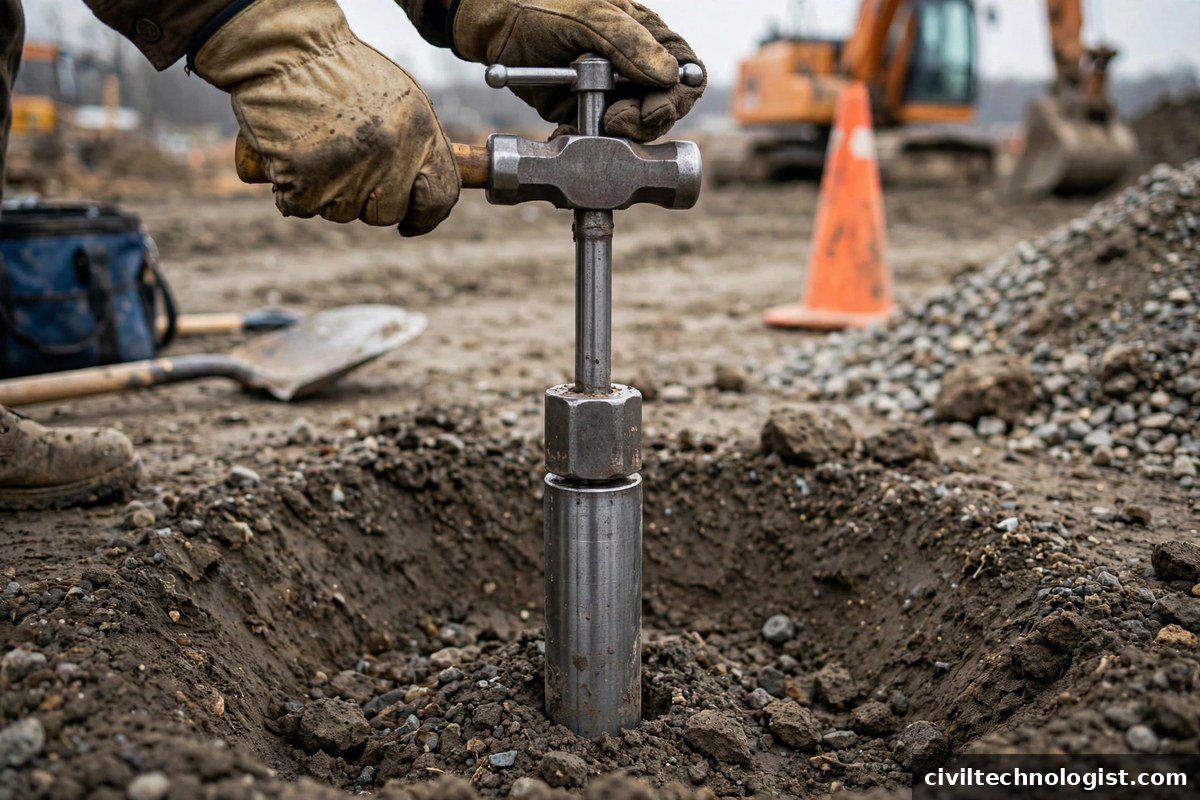 USA type drive-cylinder density test apparatus being driven into soil