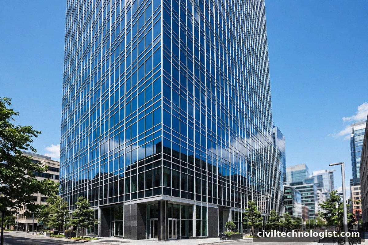 Glass curtain wall facade on a modern high-rise office building