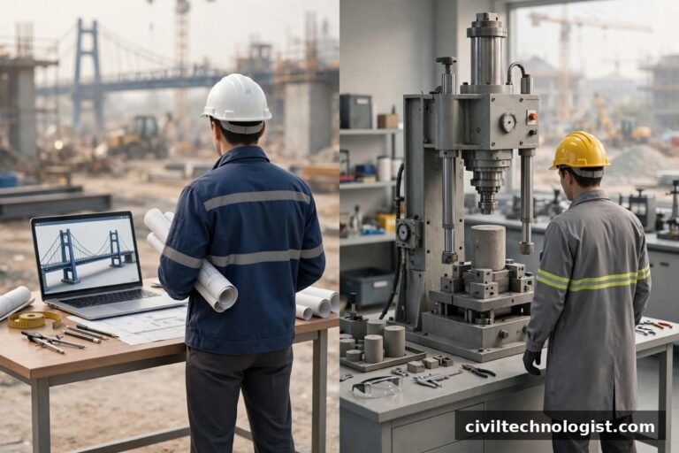 Civil engineer vs civil engineering technologist — design work versus hands-on lab testing (illustrative image)