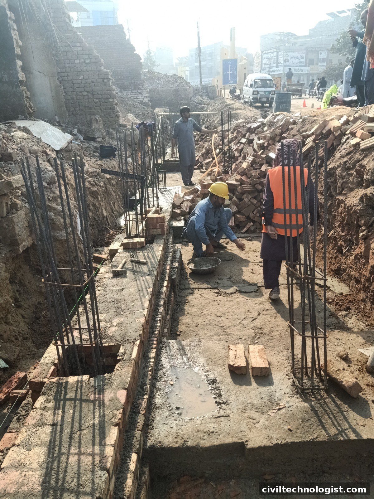Foundation and column starter reinforcement bars fixed in place