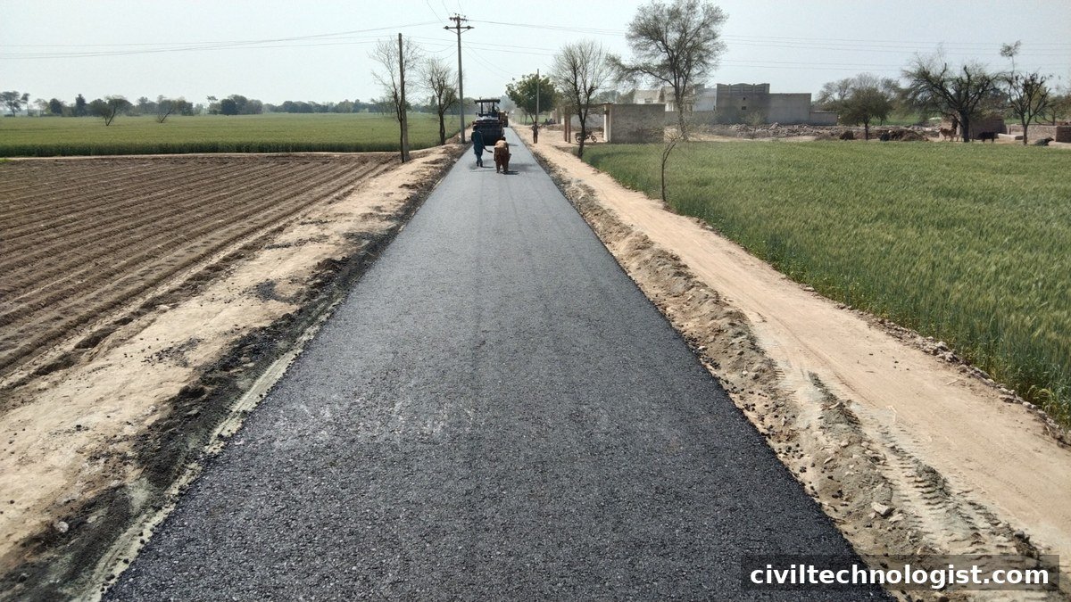 Freshly laid asphalt road through agricultural fields