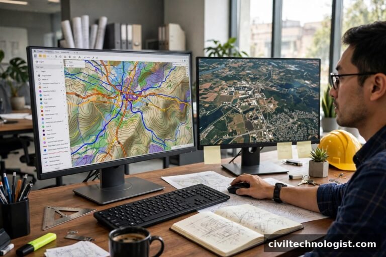 Civil engineer using GIS software with digital maps on dual monitors