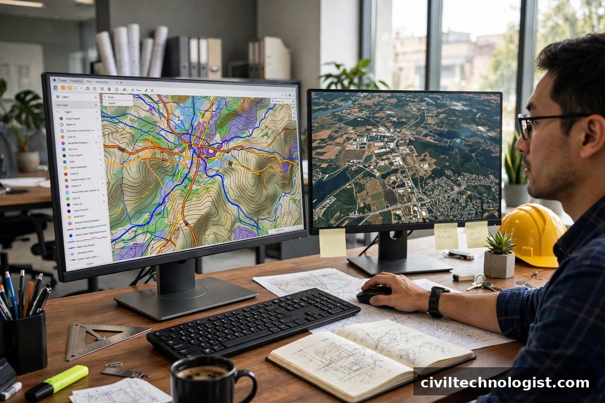 Civil engineer using GIS software with digital maps on dual monitors
