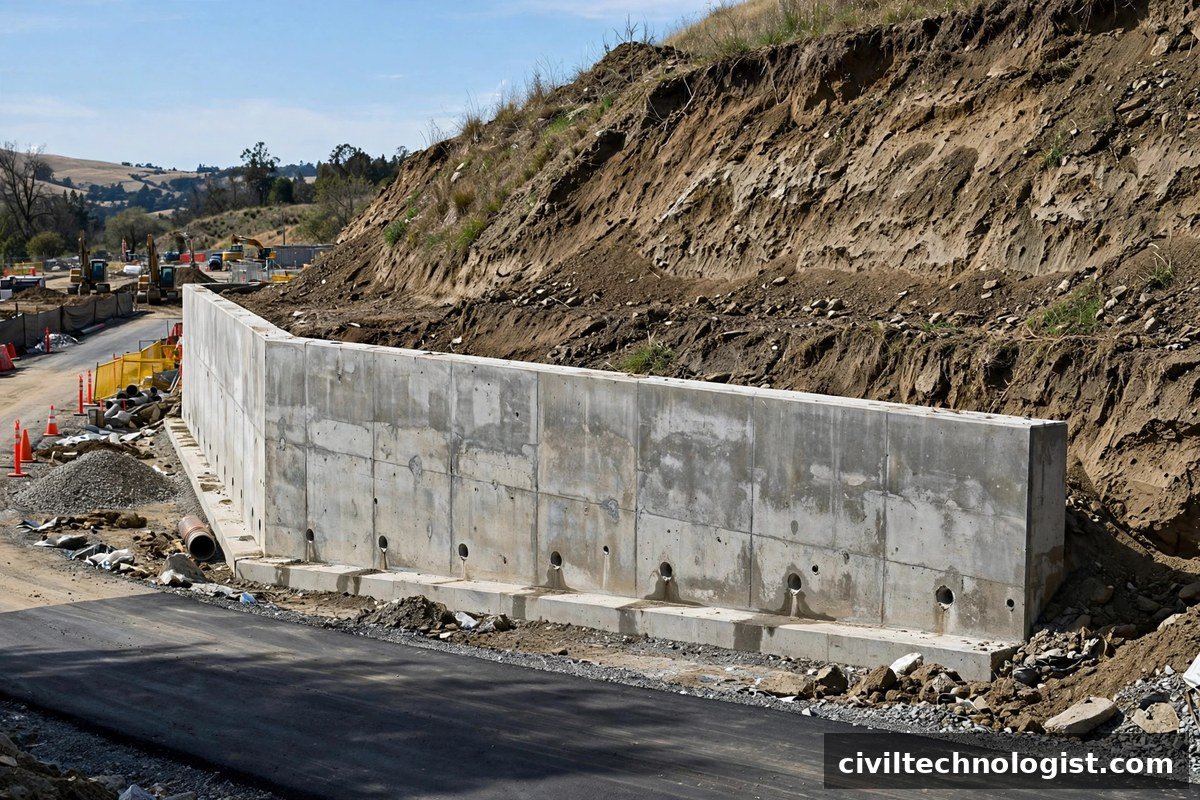 RCC cantilever retaining wall with weep holes holding back an earth bank beside a road