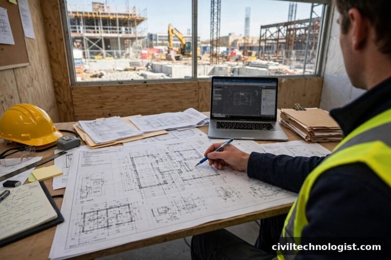 Site engineer reviewing construction drawings and RFI documents at the site office