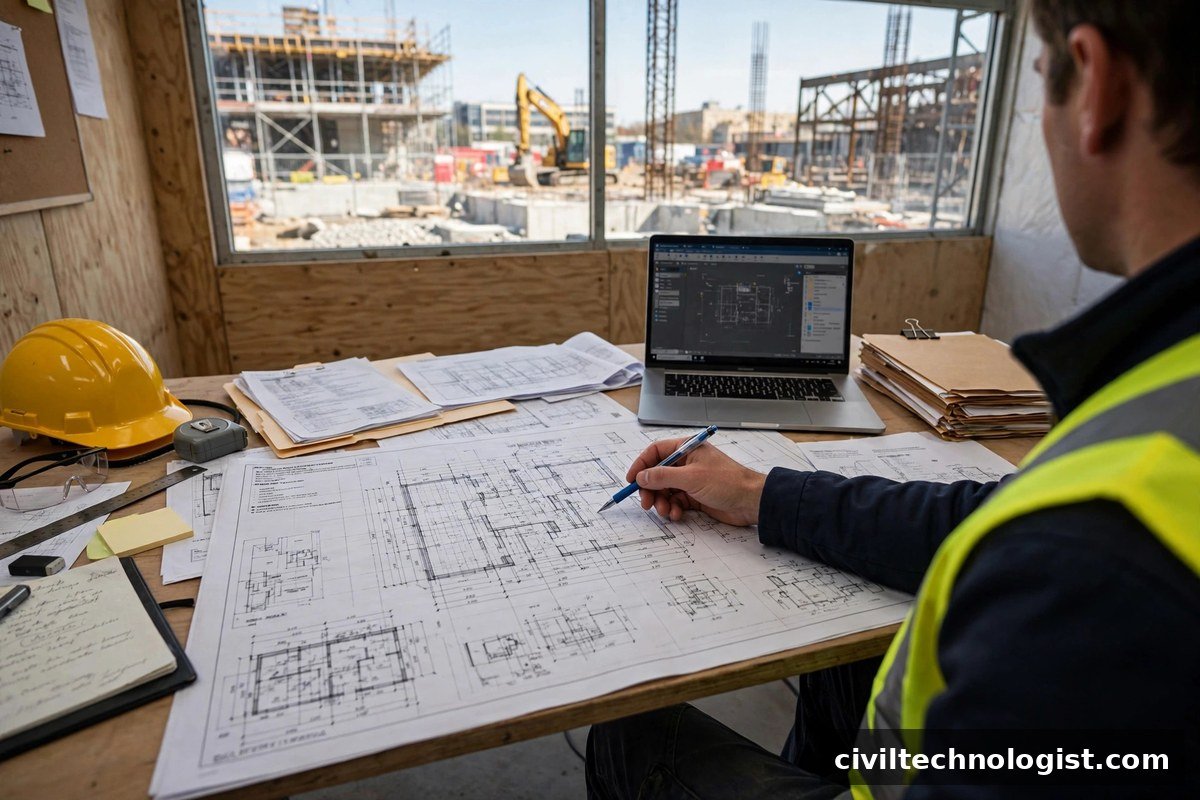 Site engineer reviewing construction drawings and RFI documents at the site office