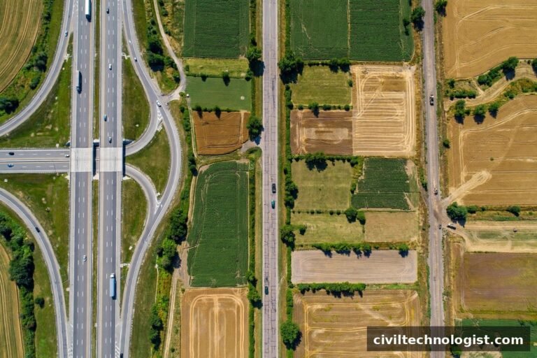 Aerial view of different road types — highway interchange and rural roads