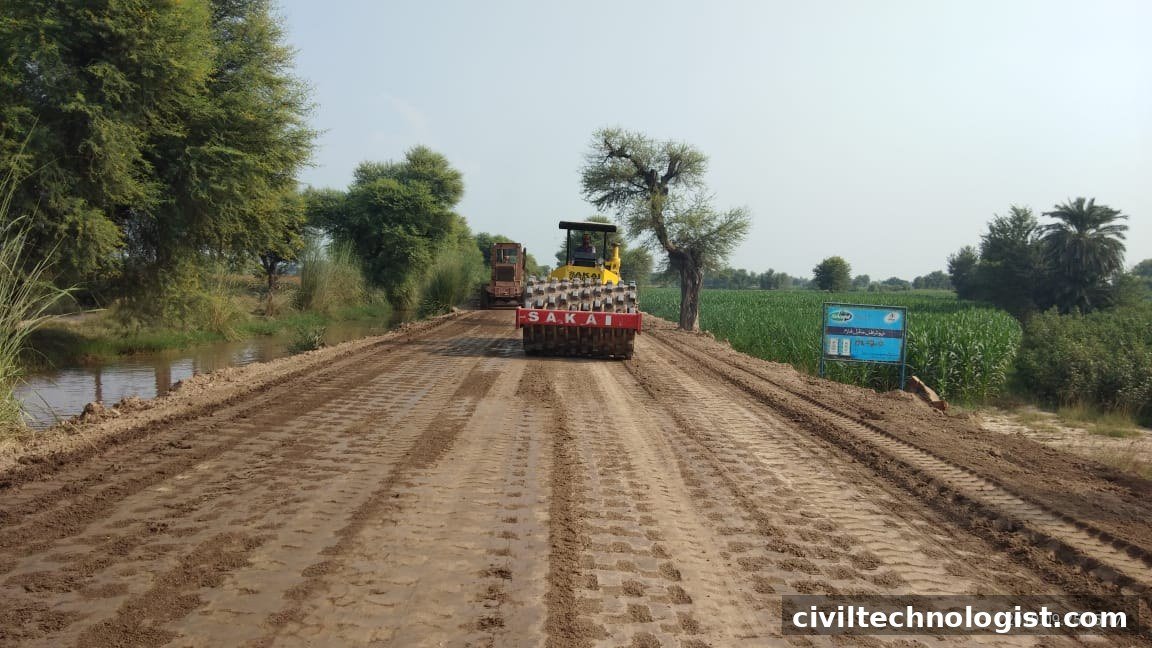 Sheepsfoot roller compacting road subgrade in Pakistan