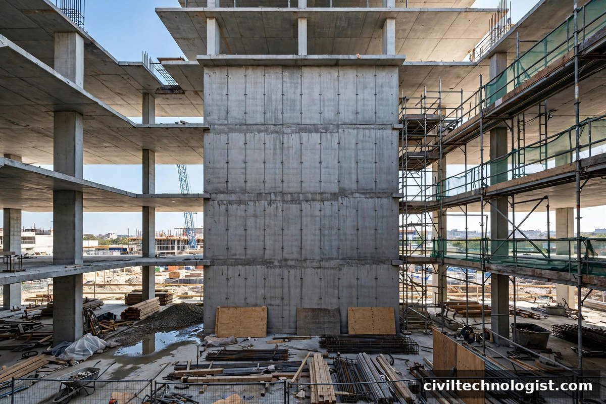 Reinforced concrete shear wall core in a multi-storey building under construction