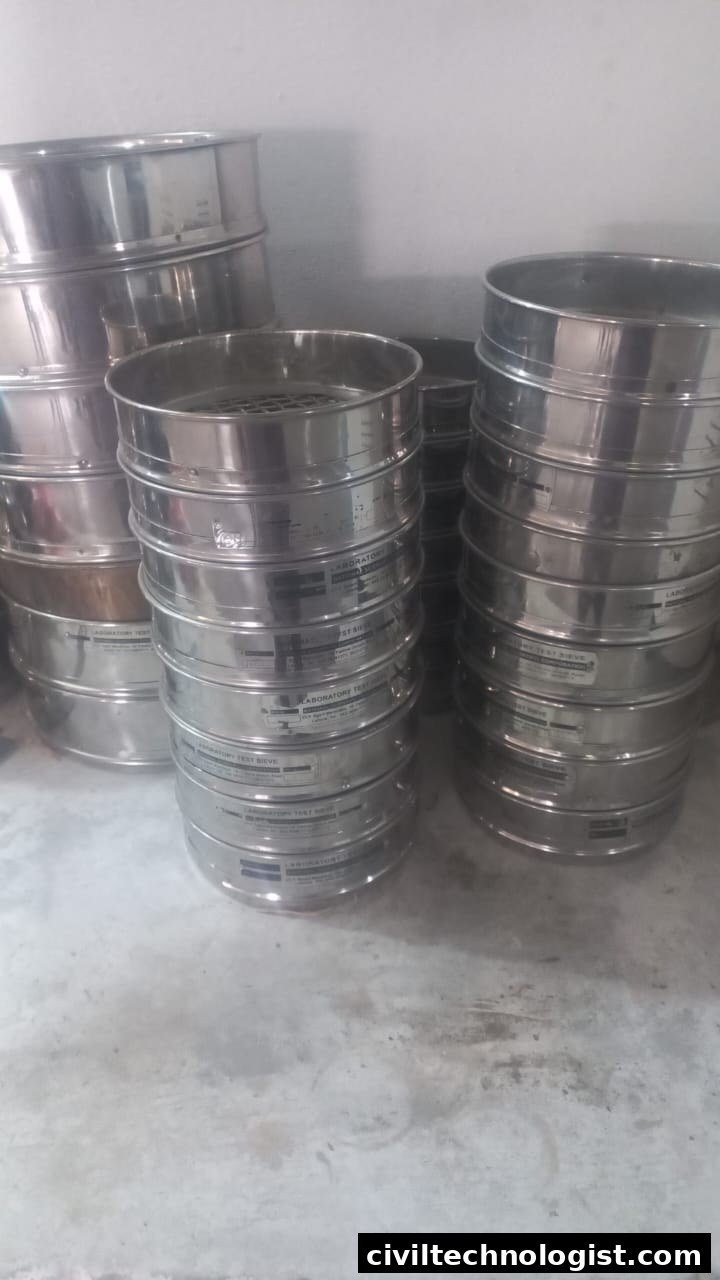Stacks of stainless steel laboratory test sieves for aggregate gradation testing