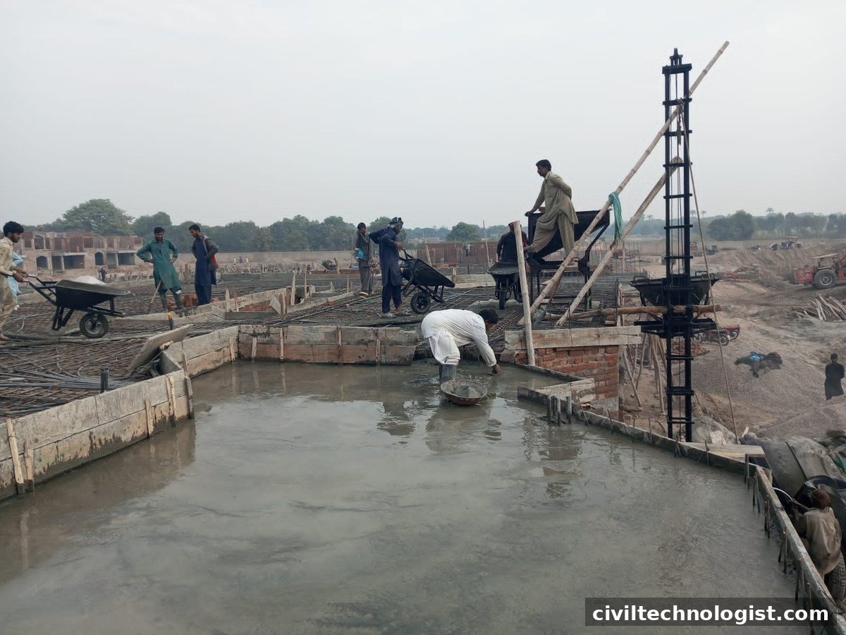 Workers placing and levelling fresh concrete in a slab pour