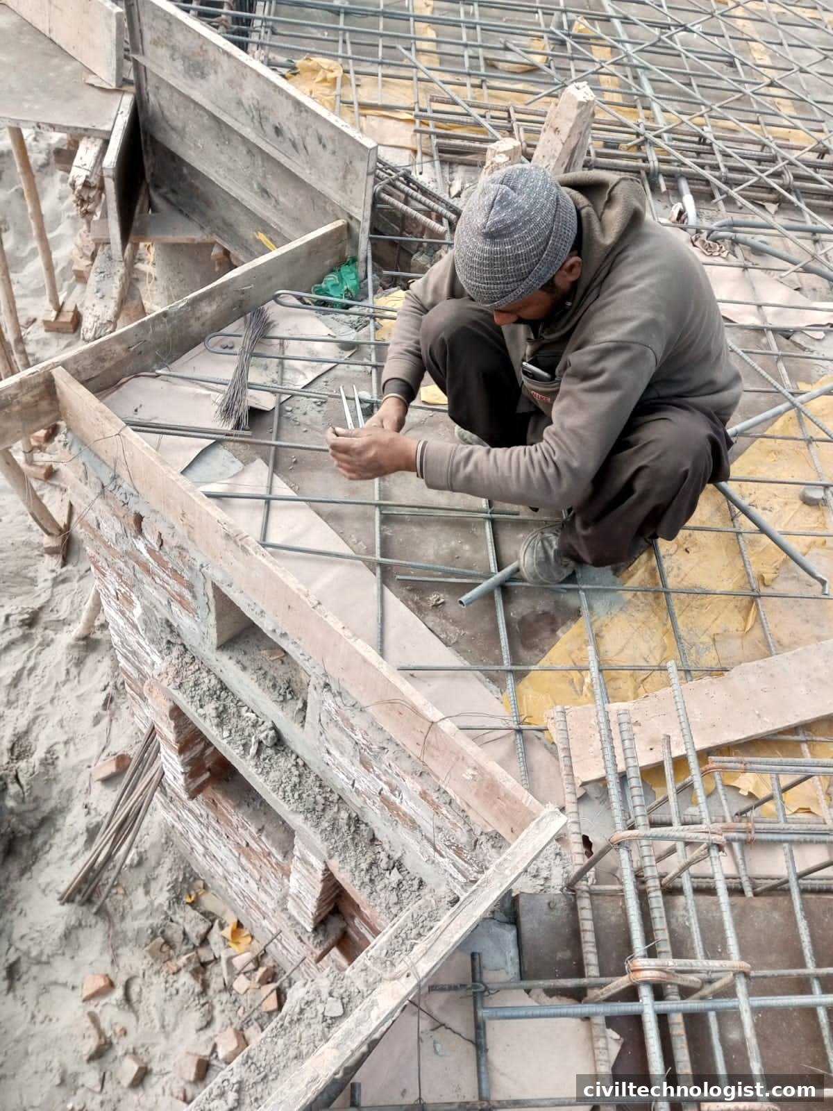 Steel fixer tying slab reinforcement bars at a construction site