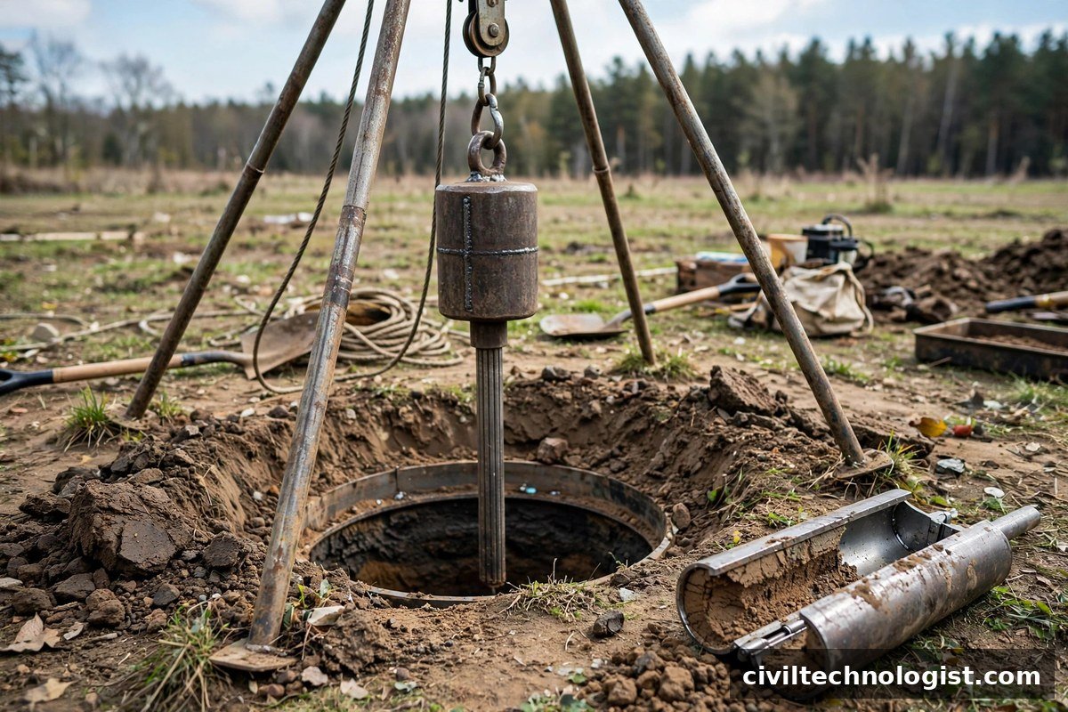 SPT drop hammer and opened split barrel sampler with soil sample
