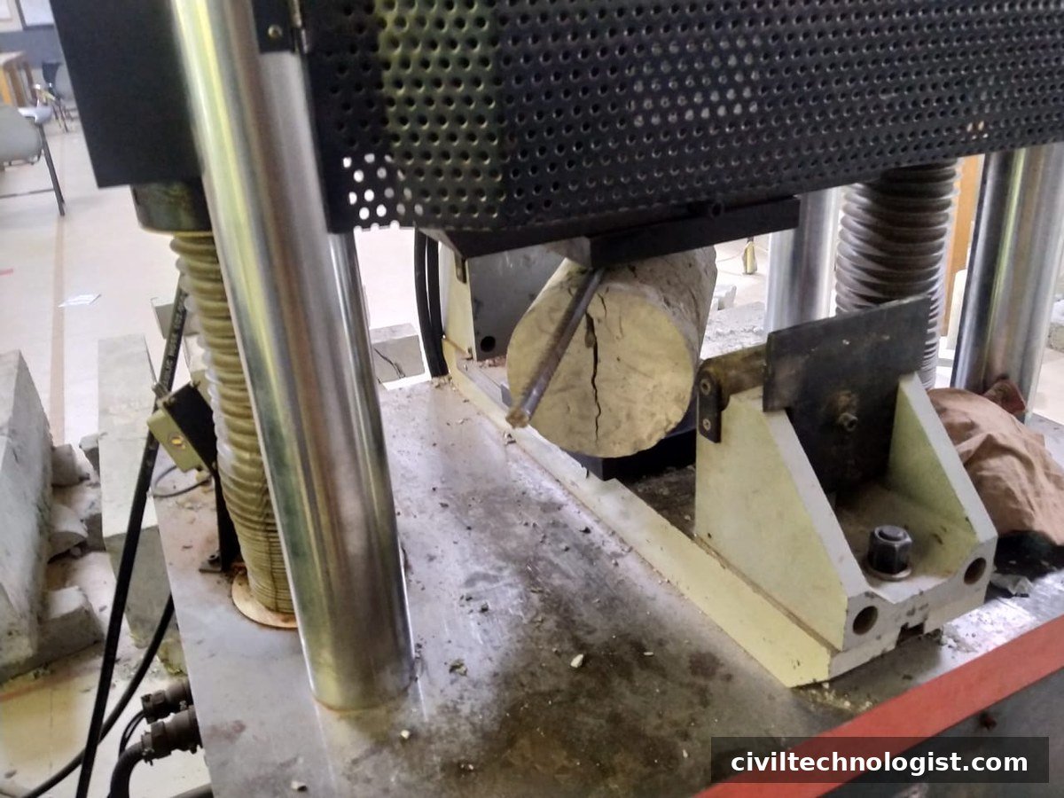 Cracked concrete cylinder in universal testing machine after compression test