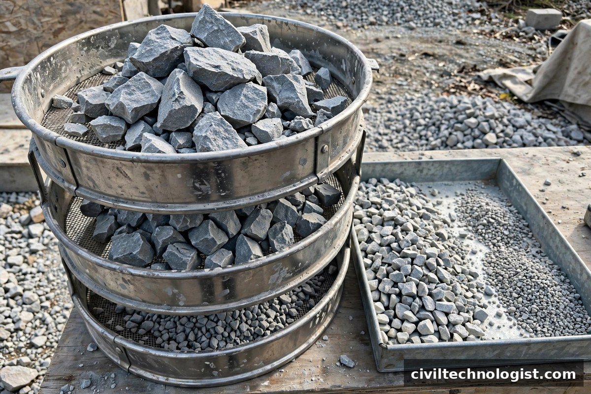 Sieve analysis of coarse crushed stone aggregate for water bound macadam