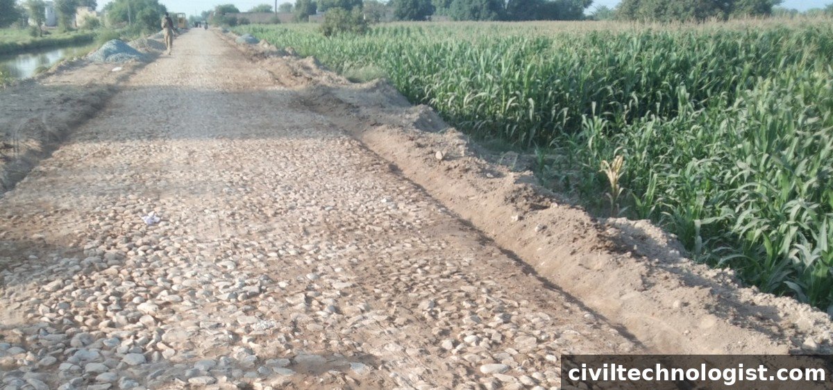 Compacted water bound macadam base course layer before asphalt laying